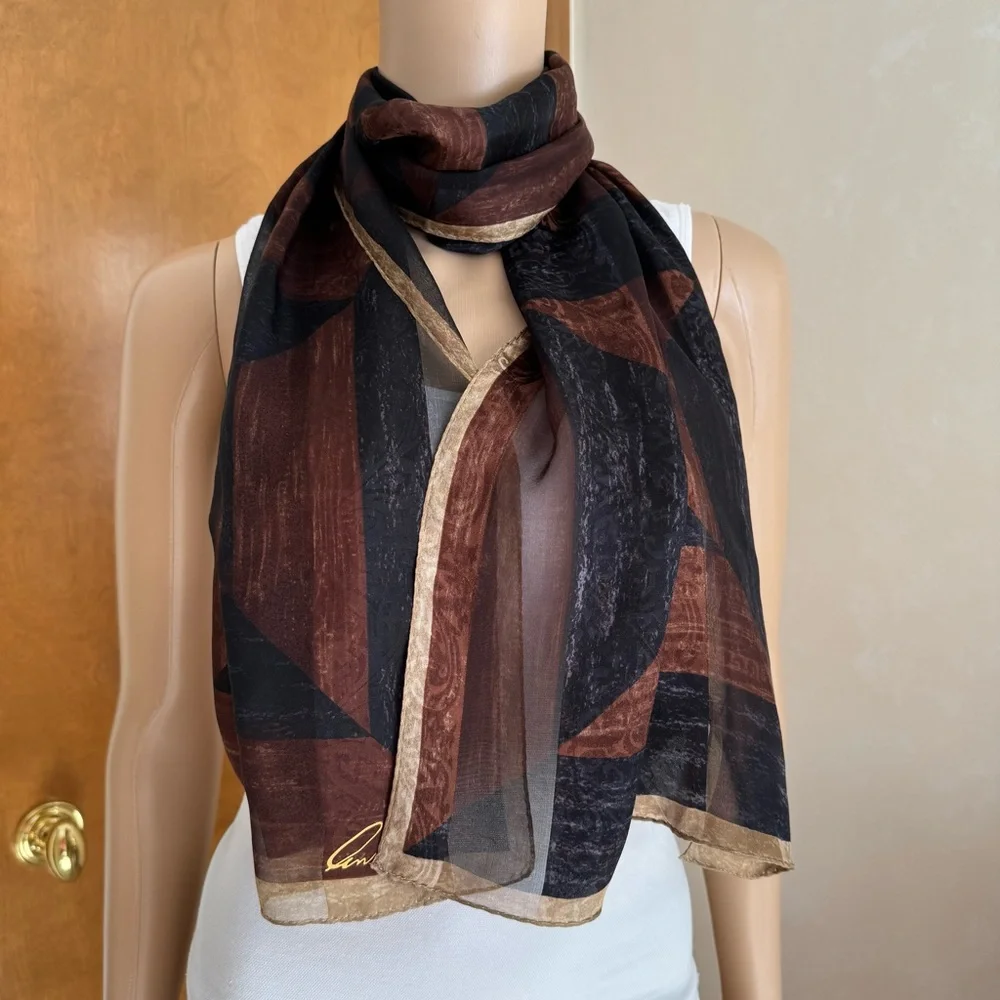 Anne Klein Black Brown Tan Oblong Skinny Silk Scarf - Picture 3 of 10